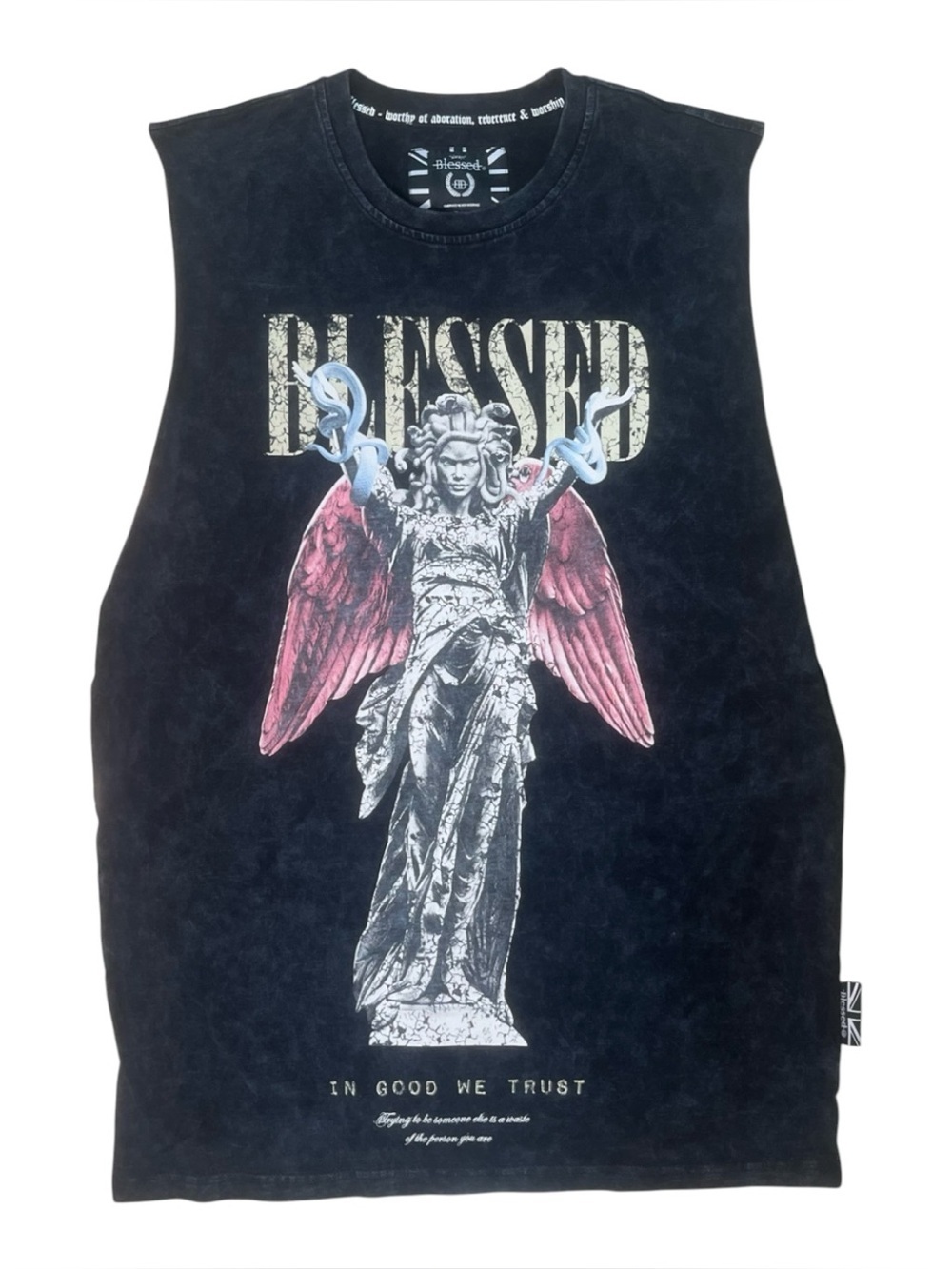 Sz M Blessed Graphic Muscle Tee with Pink Angel Wings